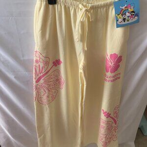 SANRIO Hello Kitty & Friends Hibiscus Fleece Pants in Yellow/Pink Sz MEDIUM